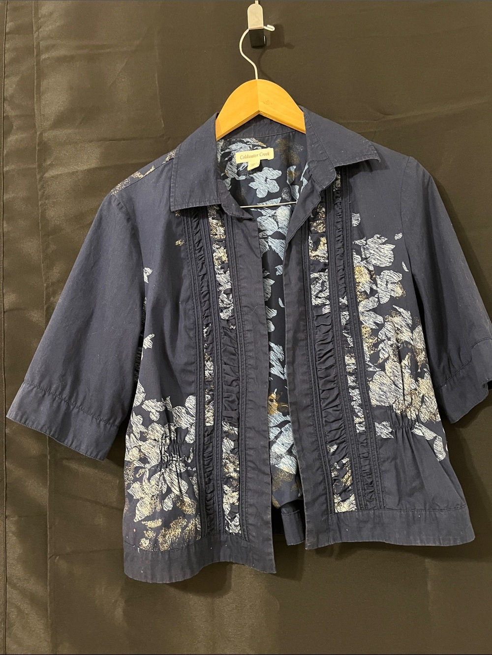 Coldwater Creek Navy and Light Blue Floral Blouse/Jacket.